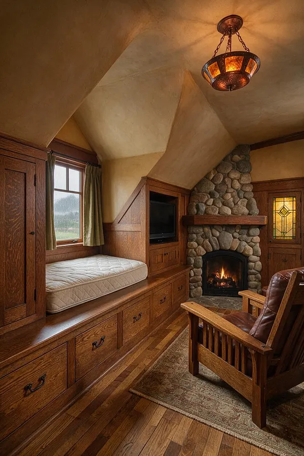 A Craftsman-style media room with warm wood built-ins, a stone fireplace with a lit fire, a built-in window seat with a cushion, and a leather armchair on a patterned rug. The room features sloped plaster ceilings, stained wood trim, and a glowing pendant light overhead.