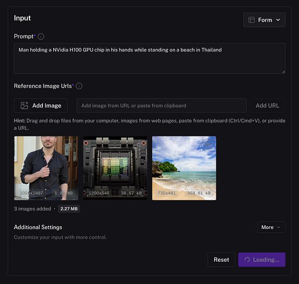 The image displays a user interface for a task involving a video model with input fields and reference images.