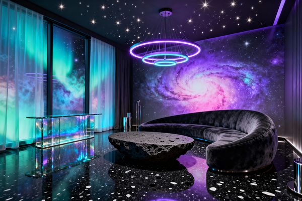 A Cosmic Chic living room features a curved charcoal velvet sectional around a low, porous black lava-stone coffee table on a glossy black terrazzo floor. A large spiral-galaxy mural glows in violet, magenta, and teal, while a star-like pinlit ceiling and concentric neon ring pendants cast colored light; sheer white curtains frame aurora-lit windows, and an iridescent glass console with chrome accents reflects the futuristic ambiance.