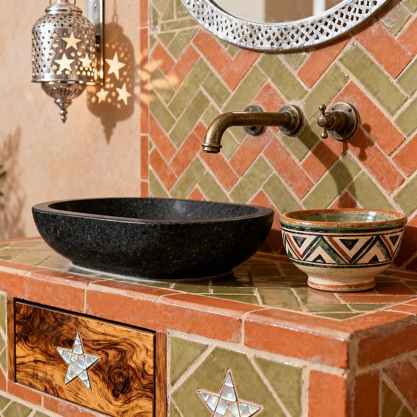 Close-up of a Moroccan-style kitchen sink vignette featuring a matte black stone vessel on a counter and backsplash clad in terracotta and olive zellige arranged in herringbone. A wall-mounted aged-brass spout with cross handles sits below a round mirror with a pierced frame. At left, a perforated metal lantern casts star-shaped shadows, while a burl wood drawer with mother-of-pearl star inlay and a hand-painted ceramic bowl add artisanal detail.