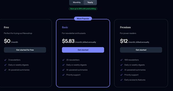The image displays a subscription pricing page for a service called Newsdrop, featuring three different plans: Free, Basic, and Premium.
