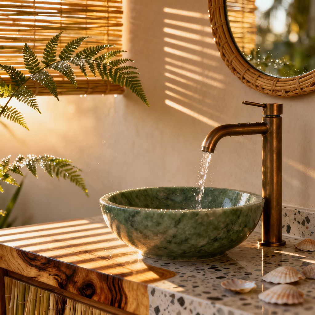 A tropical bathroom vanity features a round green stone vessel sink on a light terrazzo countertop. Water flows from an aged-brass single-handle faucet as warm sunlight streams through bamboo blinds, casting striped shadows on creamy plaster walls. A circular rattan-framed mirror hangs above, with a fern frond nearby and small seashells scattered on the counter. The vanity combines knotty wood and bamboo panels for a relaxed, natural coastal look.