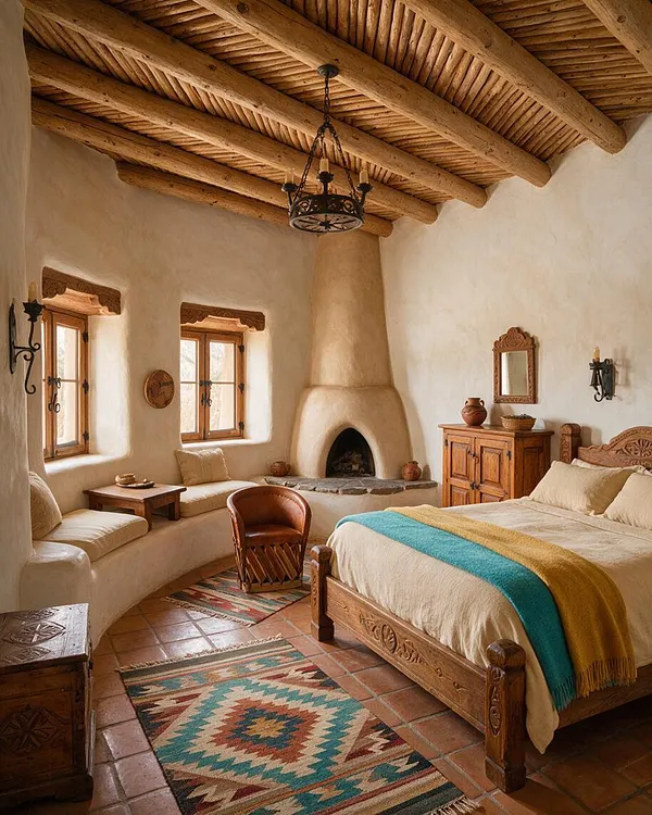 A Southwestern-style guest bedroom with a carved wooden bed, cream bedding, and a turquoise-and-gold throw. The room features adobe-style plaster walls, exposed wood ceiling beams, terracotta tile flooring, a built-in window seat, carved wood furniture, a small fireplace, and patterned woven rugs.