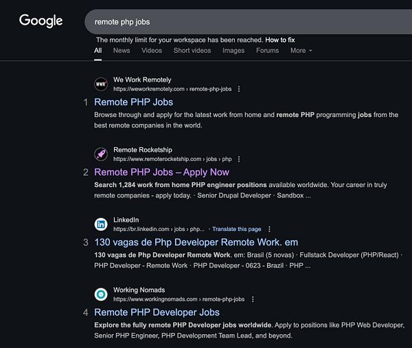 A Google search results page displaying listings for remote PHP jobs.