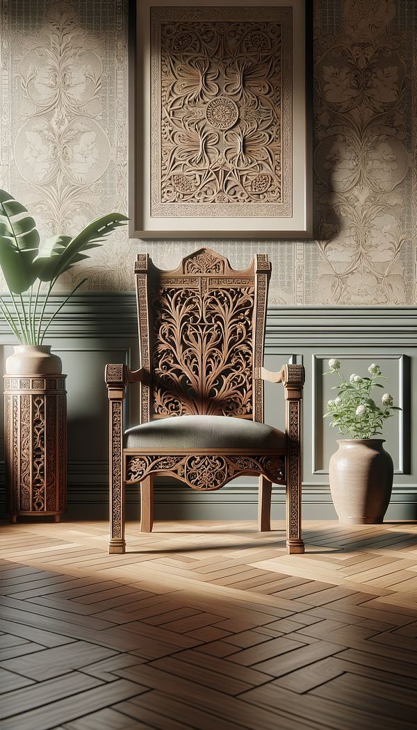 A living room featuring Eastlake-style furniture, including a wooden chair with geometric carvings, set against a wallpaper with a simple botanical pattern.
