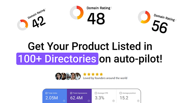 The image promotes a service for listing products in multiple directories with various metrics displayed.