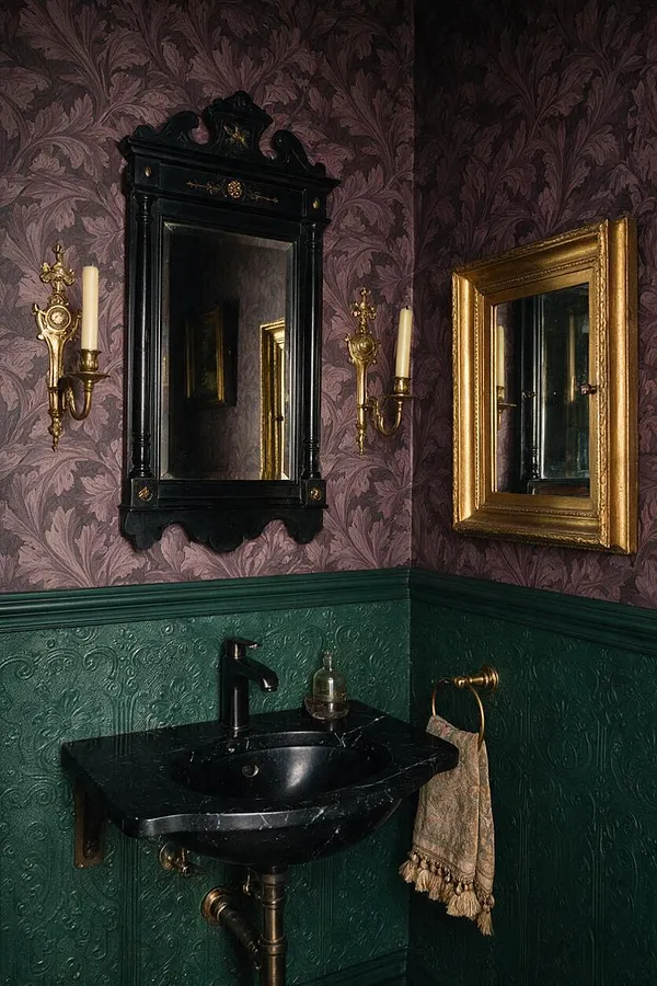 A dramatic Victorian powder room with purple floral wallpaper, deep green embossed wainscoting, and a black stone sink mounted on the wall. The space features an ornate black mirror, a gilded mirror, brass candle-style sconces, and brass towel hardware with a textured hand towel.