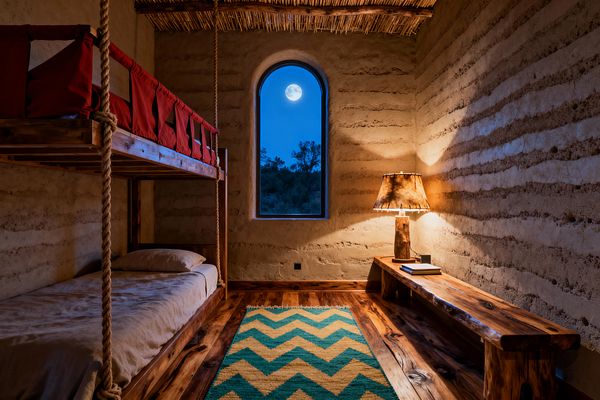 A cozy children’s bedroom with rammed-earth walls and a reed-lined ceiling glows with a warm table lamp on a low live-edge wooden bench. A solid-wood bunk bed is suspended with thick rope, with red canvas pockets on the upper bunk and a simple lower bed. A tall arched window centered on the back wall reveals a bright full moon. A turquoise and mustard chevron rug rests on richly grained wood flooring, creating a rustic Southwestern feel.
