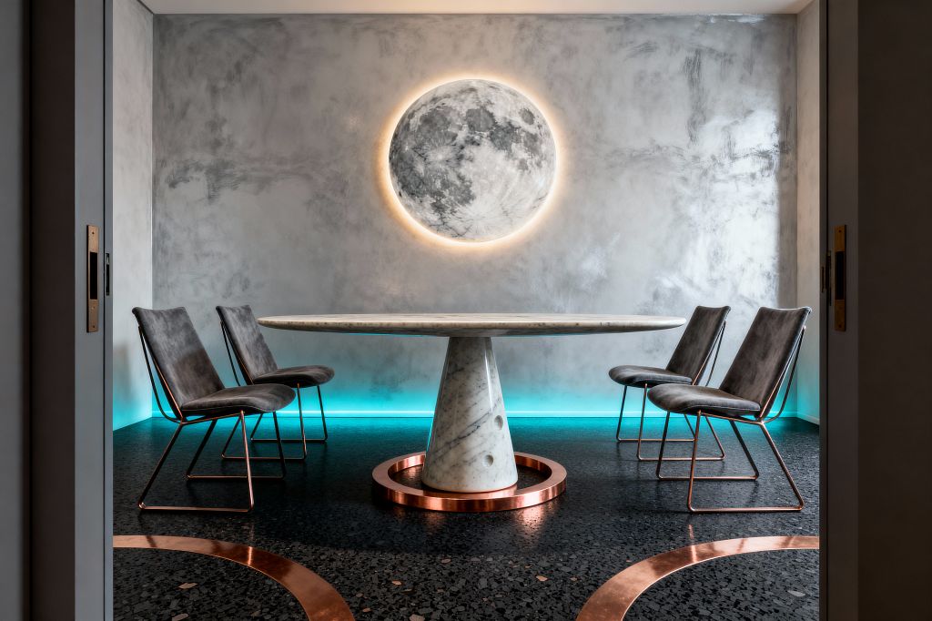 A moody dining room centers on a round white marble table with a conical pedestal set within a polished copper ring, flanked by four charcoal chairs on copper sled bases. A large moon-like wall light casts a warm halo over metallic gray plaster walls, while cyan LED lighting lines the perimeter and a black terrazzo floor with curved copper inlays enhances the celestial, futuristic mood.