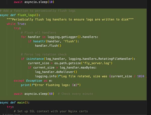 The image displays a code snippet for a Python asynchronous function that flushes log handlers and checks for log rotation.