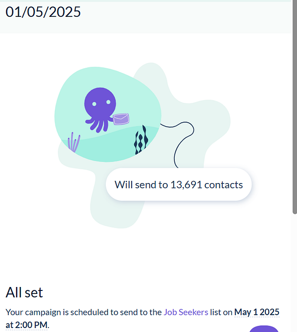 A colorful graphic illustrating a scheduled newsletter campaign for job seekers.