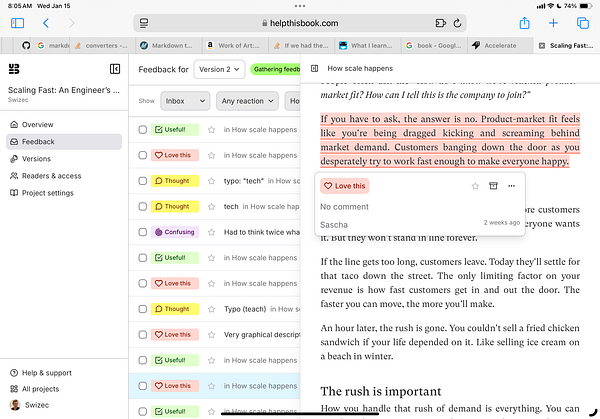 The image displays a digital interface showing feedback for a book titled 'Scaling Fast: An Engineer's Guide' by Swizec.