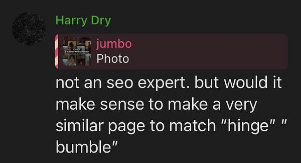 A chat interface displaying a message about creating a dating photo pack for Bumble and Hinge.