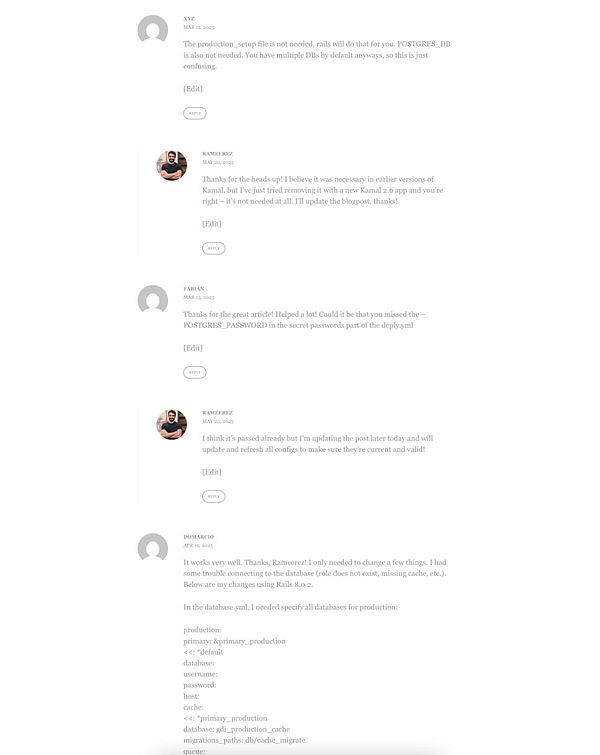 The image displays a series of comments on a blog post related to a technical topic, specifically about Rails and database configurations.