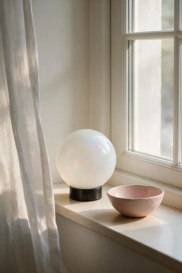 A serene window ledge styled in Scandinavian minimalism, featuring a frosted white globe lamp on a black base and a small blush pink bowl. Sheer linen curtains filter warm daylight across a pale stone sill and cream-painted window trim.