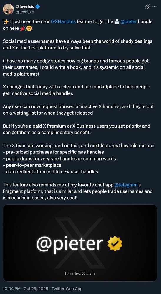 A tweet announcing the acquisition of the @pieter handle via X's new handles marketplace.