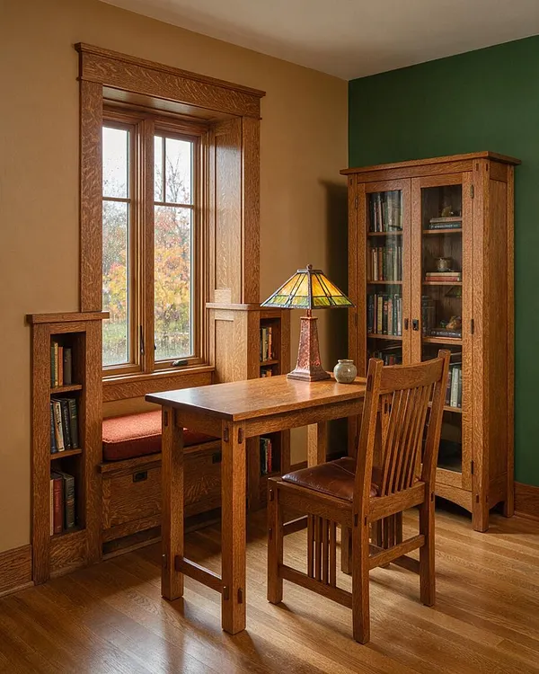 A Craftsman-style studio apartment corner with a wood desk, matching chair, built-in bookshelves, and a window seat beneath a large wood-trimmed window. The room features warm tan walls, a deep green accent wall, oak finishes, and a stained-glass table lamp.
