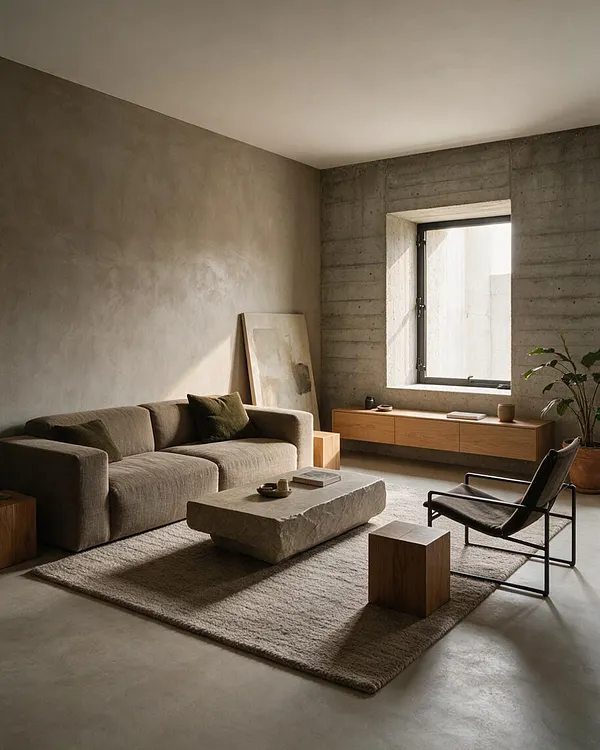 A minimalist living room with raw concrete walls, a soft taupe sofa, and a heavy rectangular stone coffee table on a textured rug. A low wood media console, black-framed lounge chair, and warm natural light from a single window complete the calm Brutalist space.