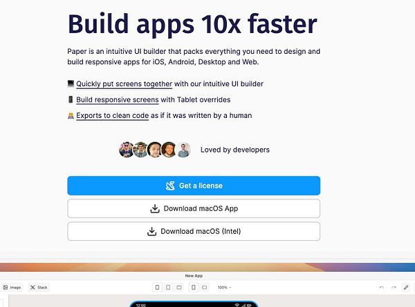 The image displays a promotional webpage for the Paper app, highlighting its features and download options.