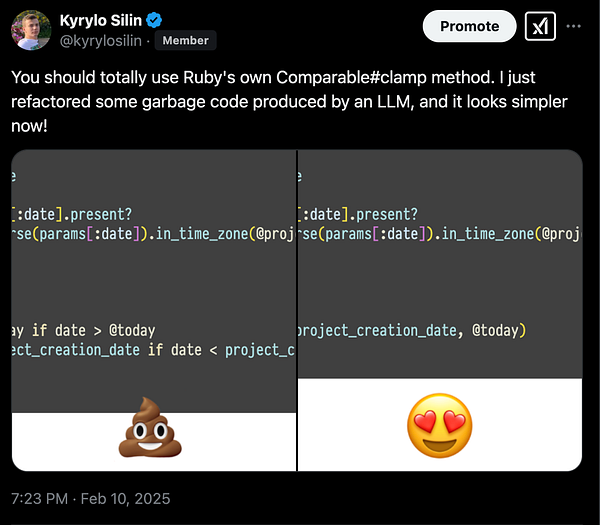 The image features a side-by-side comparison of Ruby code before and after refactoring.
