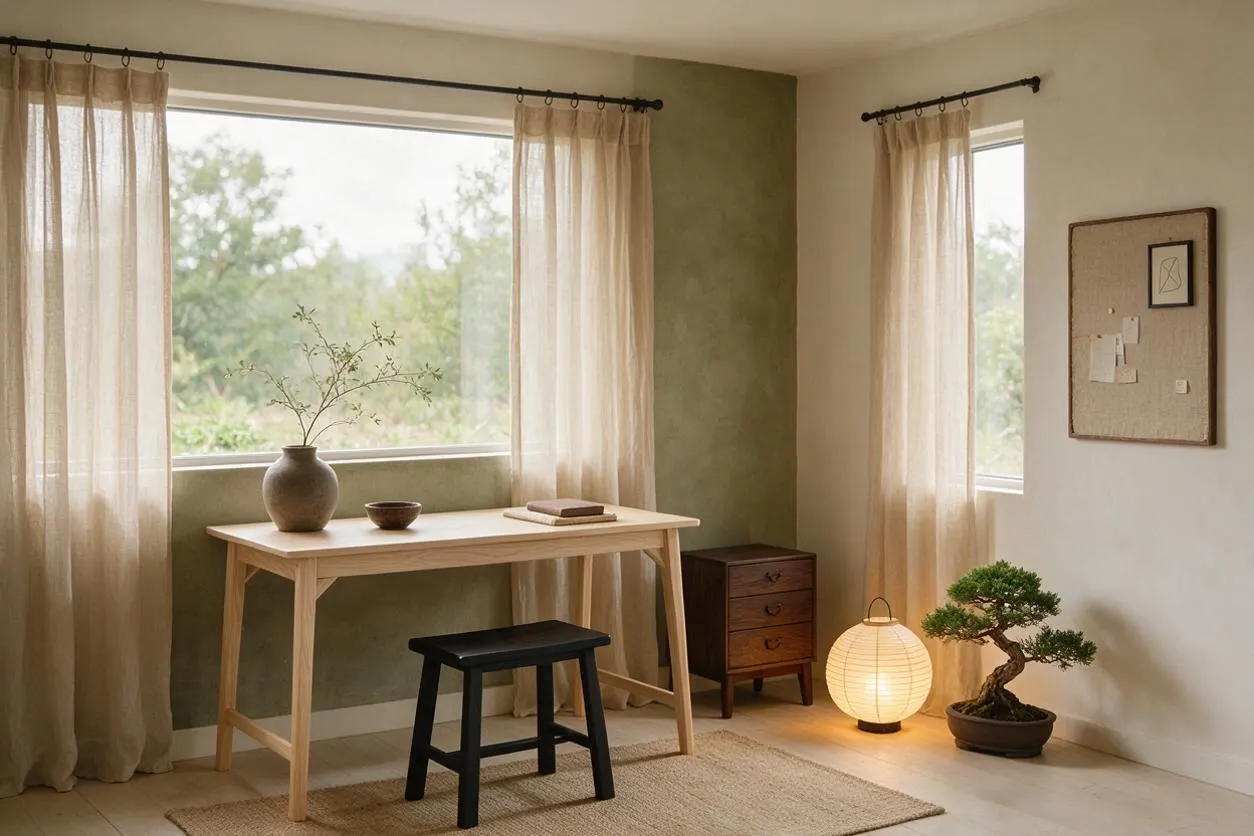 A calm sunroom with a light wood desk centered beneath a large window, sheer beige curtains, and a muted green accent wall. A black stool, small wooden cabinet, paper lantern floor lamp, and bonsai-style plant complete the minimalist Japandi setting.