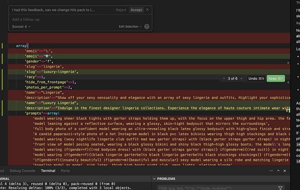 The image displays a code snippet related to a task for adding a luxury lingerie photo pack.