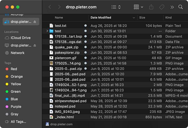 The image displays a Finder window showing files and folders synced to the FTP server drop.pieter.com.