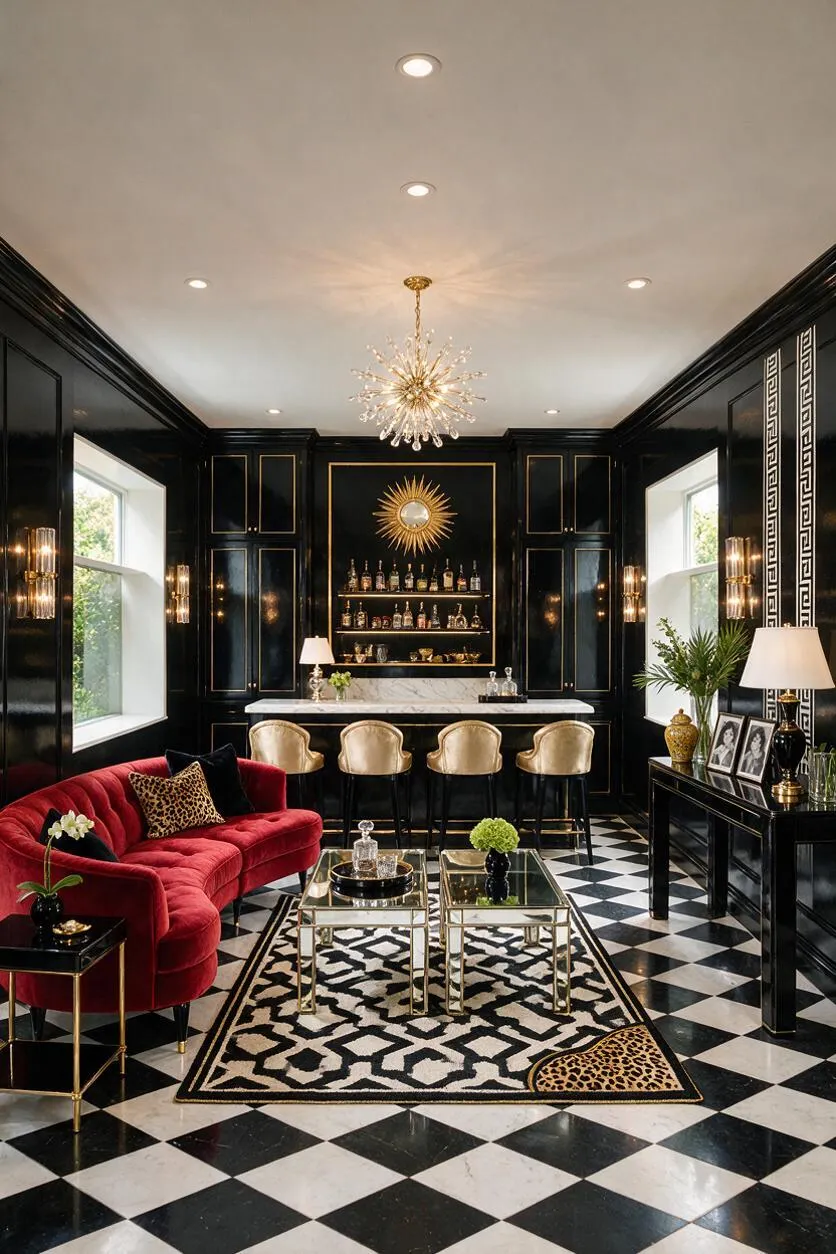 A glamorous basement lounge features glossy black paneled walls, a built-in bar with marble counter, and gold-accented stools beneath a starburst mirror and crystal chandelier. A deep red velvet sofa, mirrored coffee tables, and a black-and-white checkered floor complete the bold Hollywood Regency look.