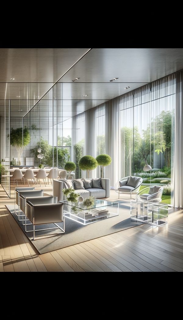 A modern living room with large glass windows showcasing a view of a garden, transparent glass furniture placed strategically to enhance the sense of spaciousness, and sheer curtains that allow natural light to gently diffuse into the room.