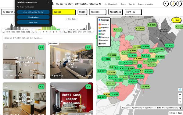 Screenshot of a hotel list app interface showing a map with a GPS location button for centering on the user's location.