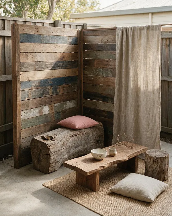 A small backyard lounge styled in Wabi-Sabi minimalism, with weathered wood privacy screens, a raw timber bench, a low wooden table on a woven mat, and simple floor cushions. Soft beige linen, muted pink, and natural textures create a calm, imperfect, handmade atmosphere.
