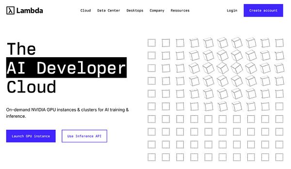 The image displays the Lambda Labs website, promoting their AI Developer Cloud services.