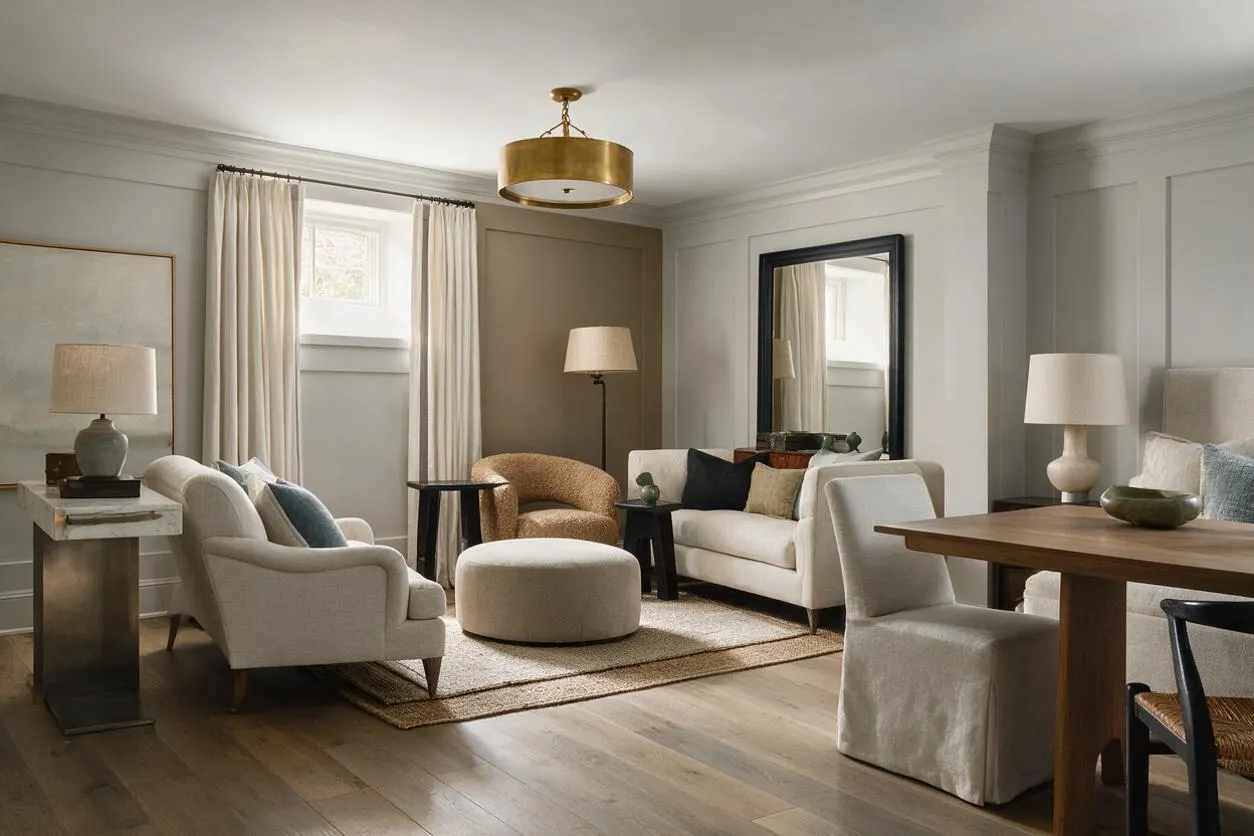 A transitional basement living area with soft beige and cream seating arranged around a textured rug, a round ottoman, and black accent tables. The room features wood floors, a gold drum ceiling light, tall curtains, paneled walls, a large mirror, and a dining nook with a wood table and upholstered chairs.