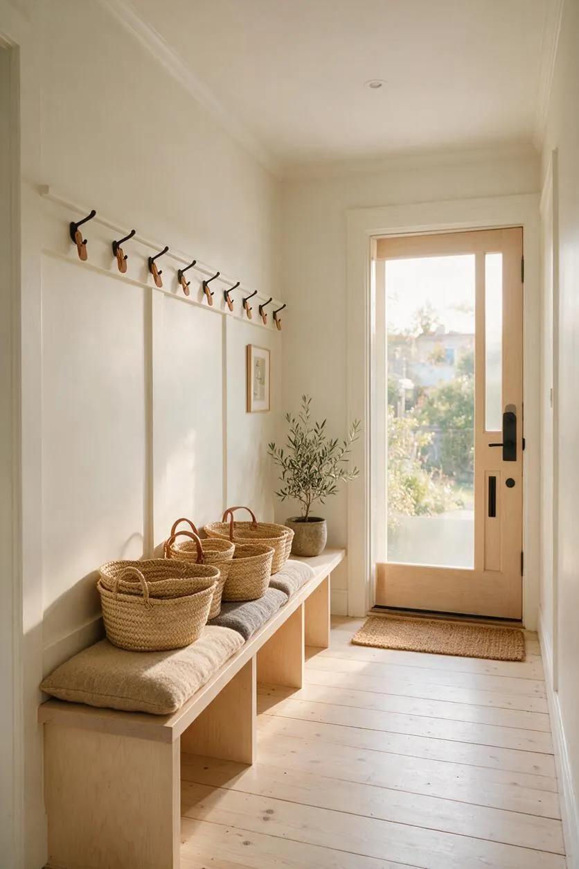 A bright Scandinavian-style front porch or entryway with white walls, pale wood flooring, a built-in wooden bench with neutral cushions, woven baskets, and black coat hooks mounted high on the wall. A glass-paneled front door lets in soft natural light and frames a view of greenery outside.