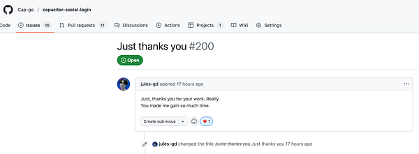 A GitHub issue page displaying a thank-you message from a user.