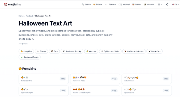 Webpage showing Halloween text art with categorized emoji combos and symbols for pumpkins, ghosts, bats, and more.