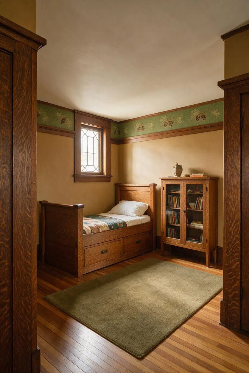A cozy Craftsman-style kids' room with a single wooden bed, a small glass-front bookcase, and a muted green rug on polished hardwood floors. The room features rich wood trim, a stained glass window, and a decorative green frieze band near the ceiling.
