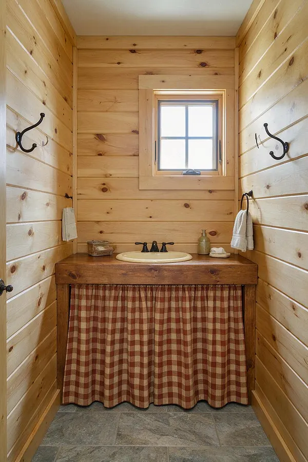 A narrow rustic powder room lined with knotty pine plank walls and slate floor tiles. A wood vanity with a cream sink, black faucet, checkered fabric skirt, and small window creates a cozy cabin feel.