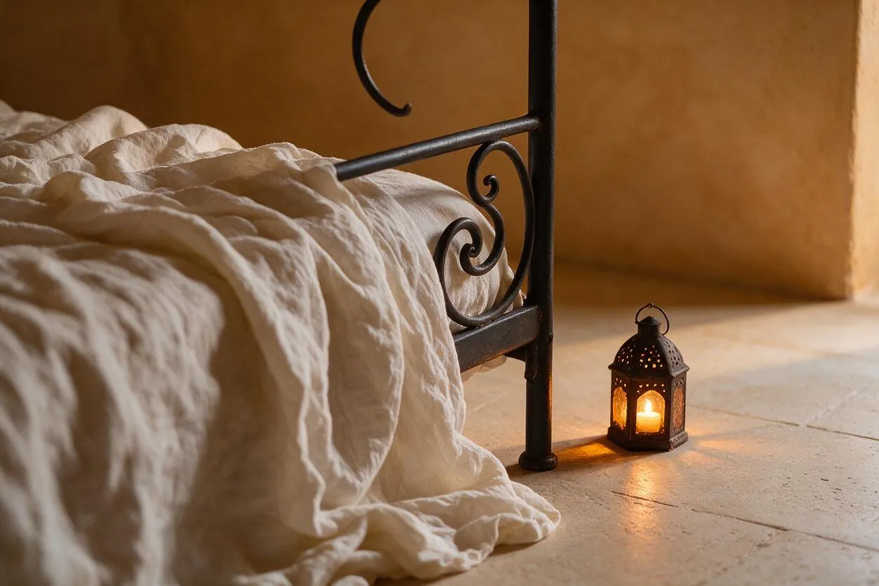 A low bed with a black wrought iron frame is dressed in a soft, crinkled cream linen blanket. Beside it on a warm stone floor, a small perforated metal lantern casts a gentle amber glow against ochre plaster walls, creating a cozy Mediterranean atmosphere.