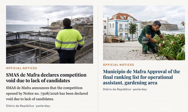 Website news article page showing a surfer on a cliff with an ocean view and a side navigation panel for Ericeira News and Video News.