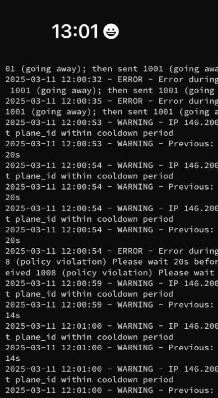 The image displays a log of server activity with timestamps and error messages.