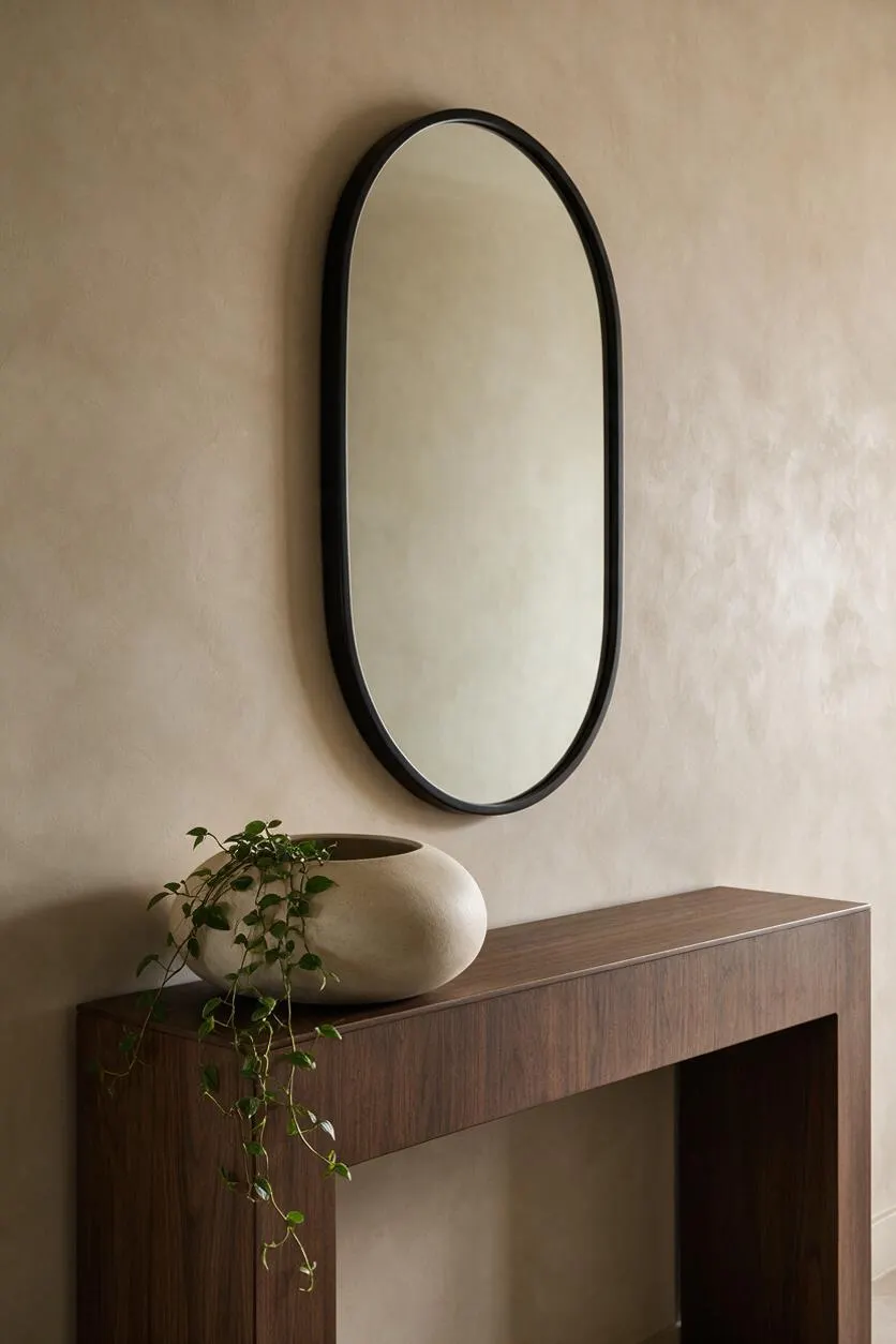 A modern entryway vignette with a tall arched mirror in a black frame mounted above a walnut console table. A sculptural cream vase with trailing greenery sits on the tabletop against a warm beige wall.