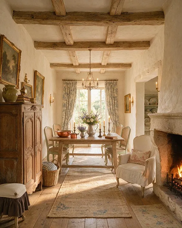 A narrow French Country entryway with white plaster walls, exposed wooden ceiling beams, a carved wood armoire, and a long wooden table set with candlesticks and flowers. A stone fireplace glows on the right, while floral curtains, antique-style chairs, and a woven rug soften the warm, rustic space.