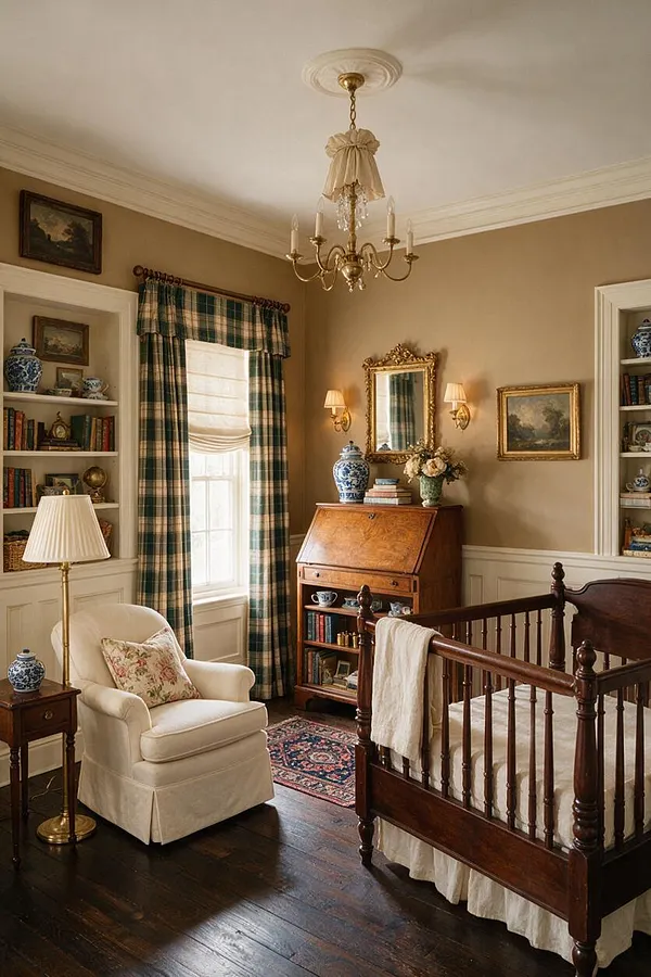 A traditional nursery with a dark wood crib, cream upholstered glider, plaid drapes, and built-in bookshelves filled with decorative ceramics and books. The room features tan walls, white wainscoting, a brass chandelier, framed artwork, and a small patterned rug on dark hardwood floors.