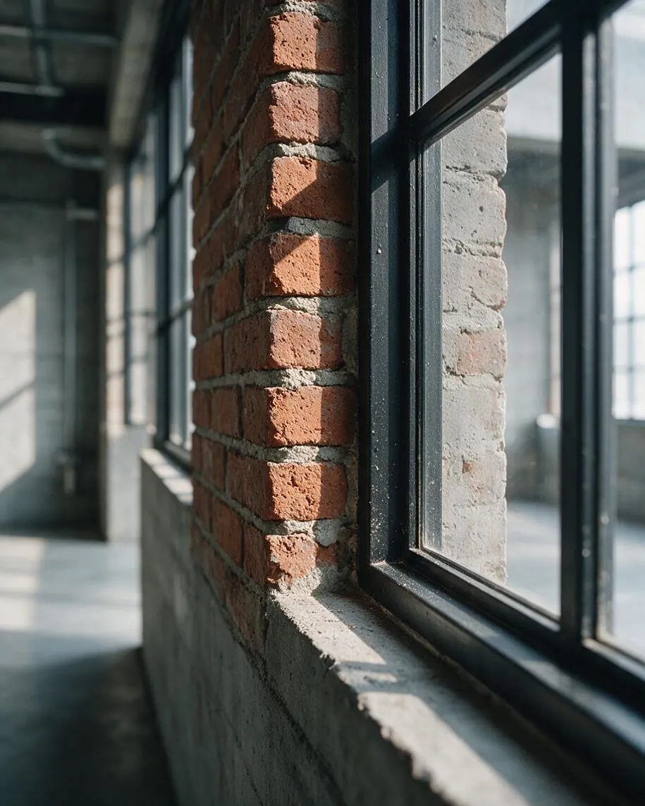 A close-up view of an industrial interior shows a rough red brick corner beside a black steel-framed window set into a raw concrete wall. Soft daylight streams through the glass, highlighting the texture of the masonry and the matte metal finish.