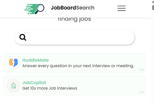 Screenshot of a web-based job board interface displaying several job listings with an ads slider labeled 'ADS'.