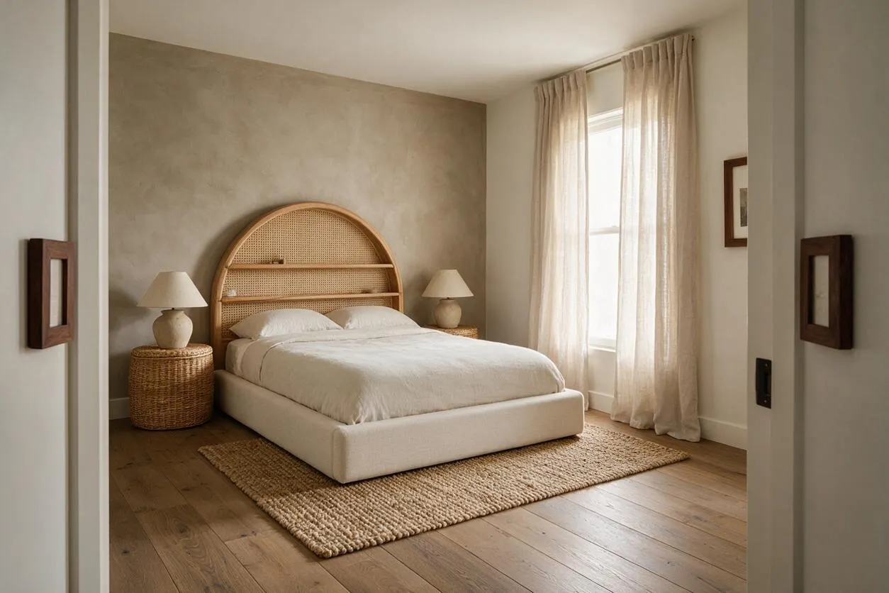 A serene bedroom features a low upholstered bed with white bedding and a curved cane headboard centered on a textured plaster accent wall. Matching wicker nightstands with cream lamps flank the bed, while a woven jute rug, light wood floors, and soft sheer curtains create a calm organic modern look.