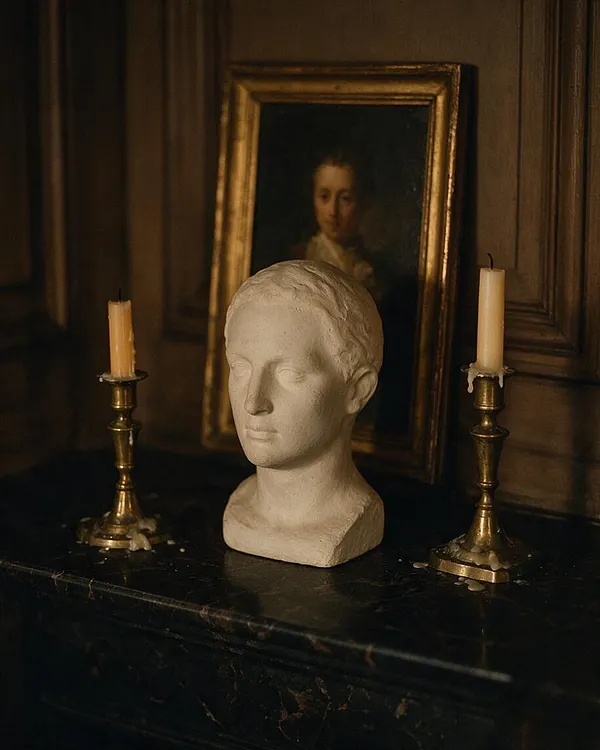A dark academia mantel vignette with a cream plaster bust centered between two brass candlesticks holding ivory taper candles. A gold-framed portrait leans against dark wood paneling behind the arrangement, and the black marble surface adds a moody, scholarly atmosphere.