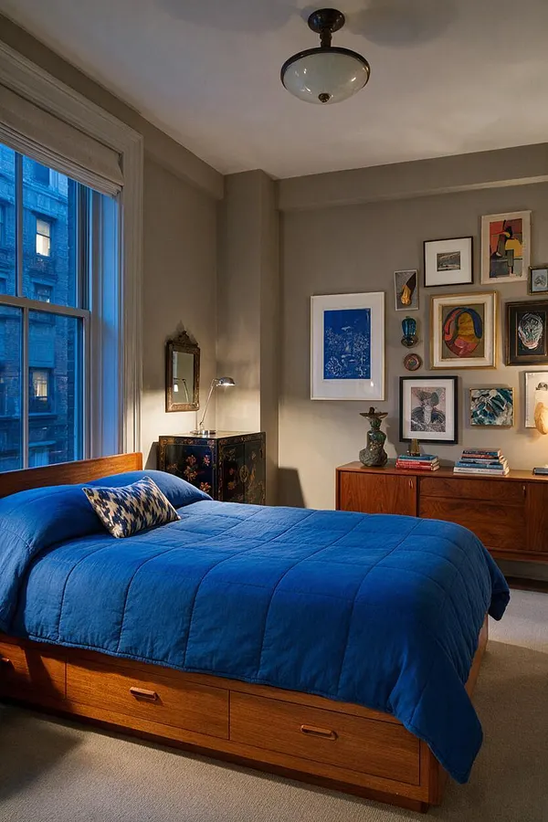 A master bedroom with a vivid blue bedspread on a wooden storage bed, set against taupe walls and a gallery wall of mixed framed artwork. A large window brings in cool natural light, while a mid-century wood dresser, patterned accent pillow, and decorative lamps add layered eclectic character.