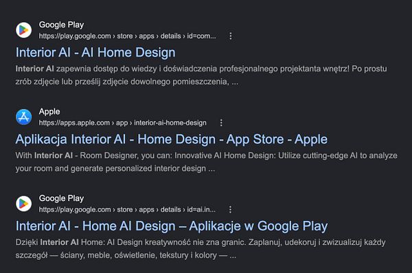 Search results showing listings for 'Interior AI' home design apps on Google Play and Apple App Store.